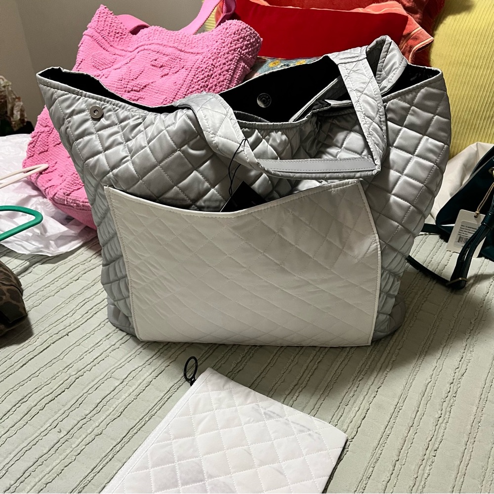 HAUTE SHORE Quilted Silver and White Tote